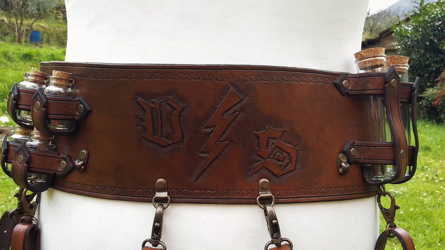 Custom leather potion carrier belt, perfect for wizards, druids, and medieval alchemists in fantasy settings