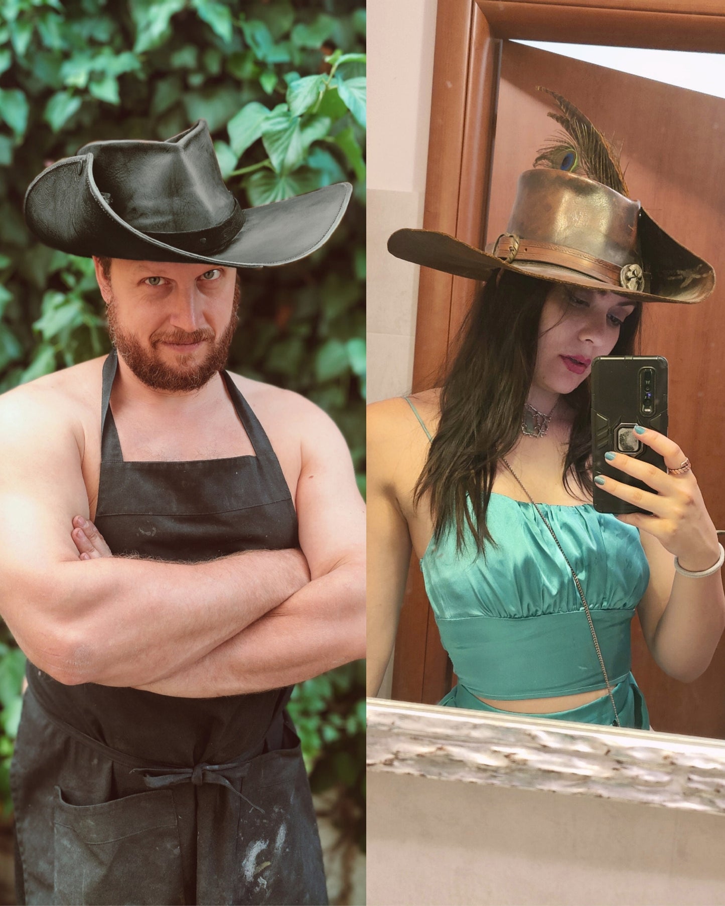 Musketeer hat - handmade leather pirate costume for larp and cosplay inspired by D'Artagnan - high quality craftsmanship
Side-by-side view of different hat colors available for customization.