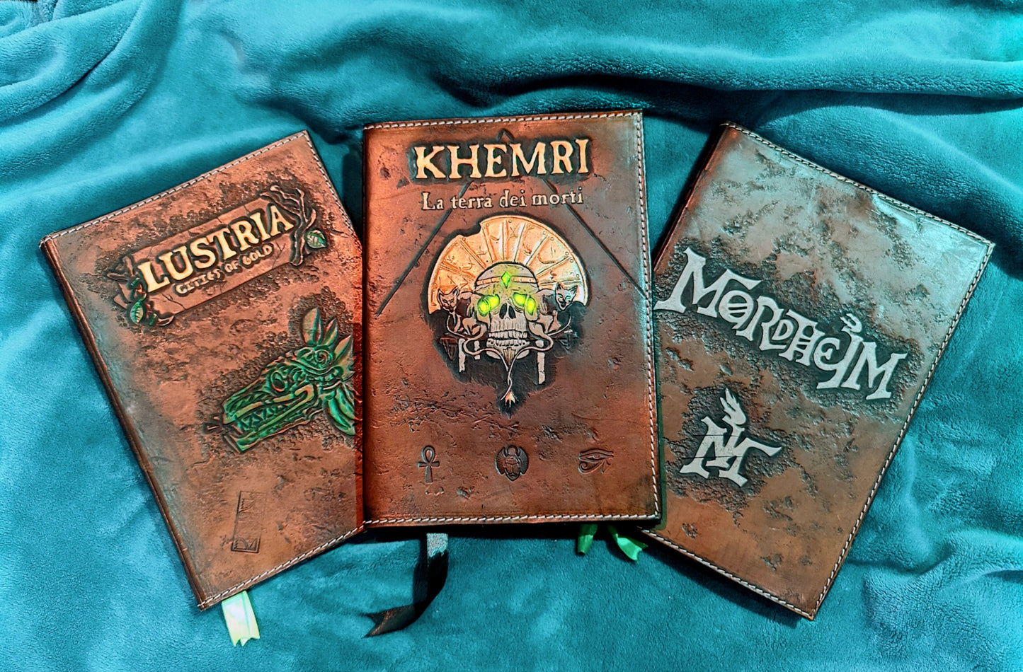 Custom-engraved handmade leather cover for RPG Tabletop manuals, designed for tabletop players
