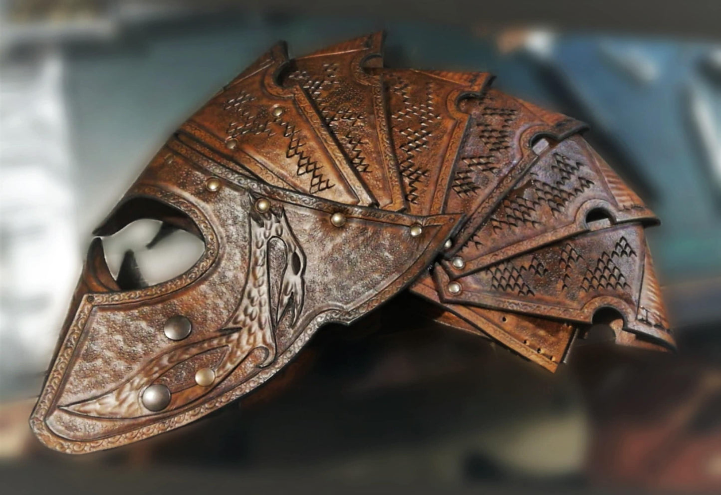 Battle-ready handmade leather helmet designed for immersive LARP battles and historical events, offering style and protection.