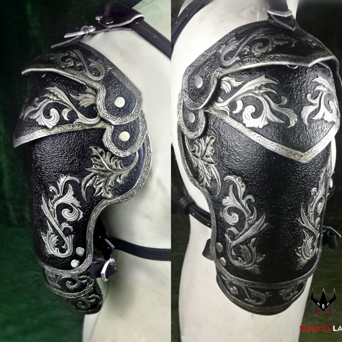 A handmade black and silver leather armor set, The detailed engravings and high-quality leather ensure an authentic and durable fantasy look