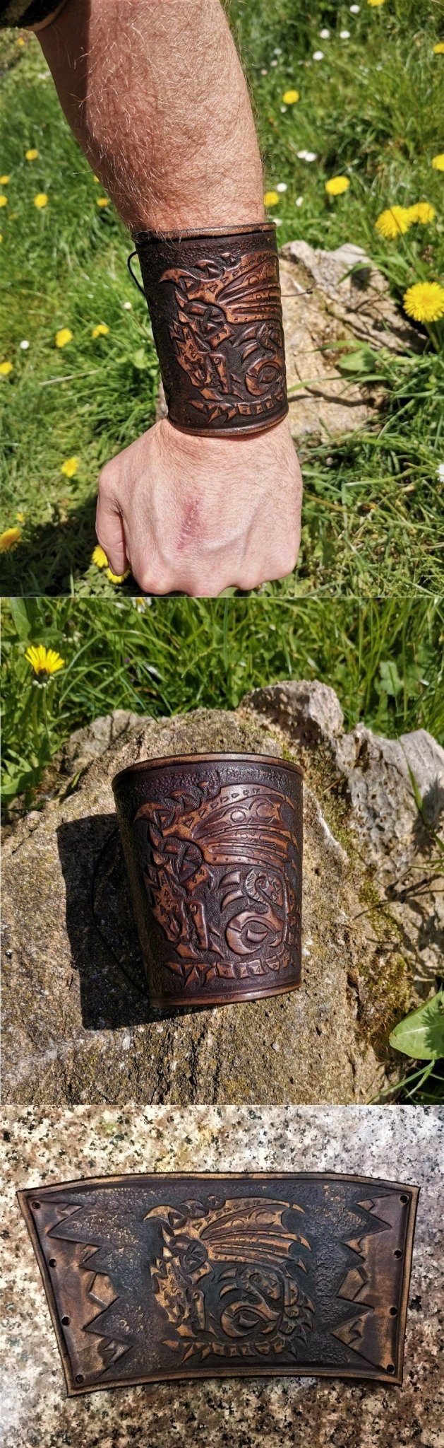 Handmade Celtic-style leather bracelet crafted from sustainable Italian vegetable-tanned leather.