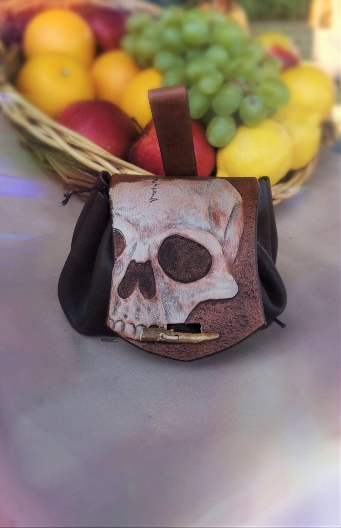 Coin purse leather purse with skull decoration skeleton design for larp fashion pirate clutch bag - MorgothLab