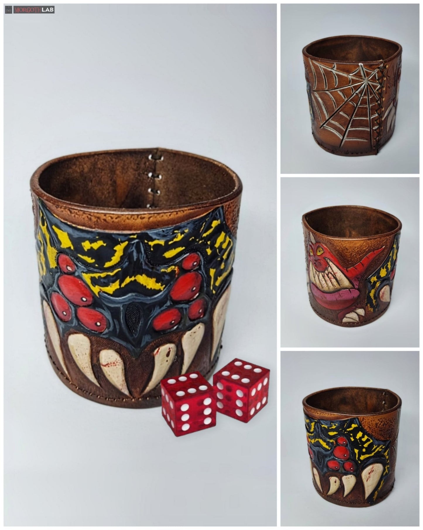 D&D dice shaker with custom leather engravings, adding a touch of elegance and durability to your gaming experience - spider design