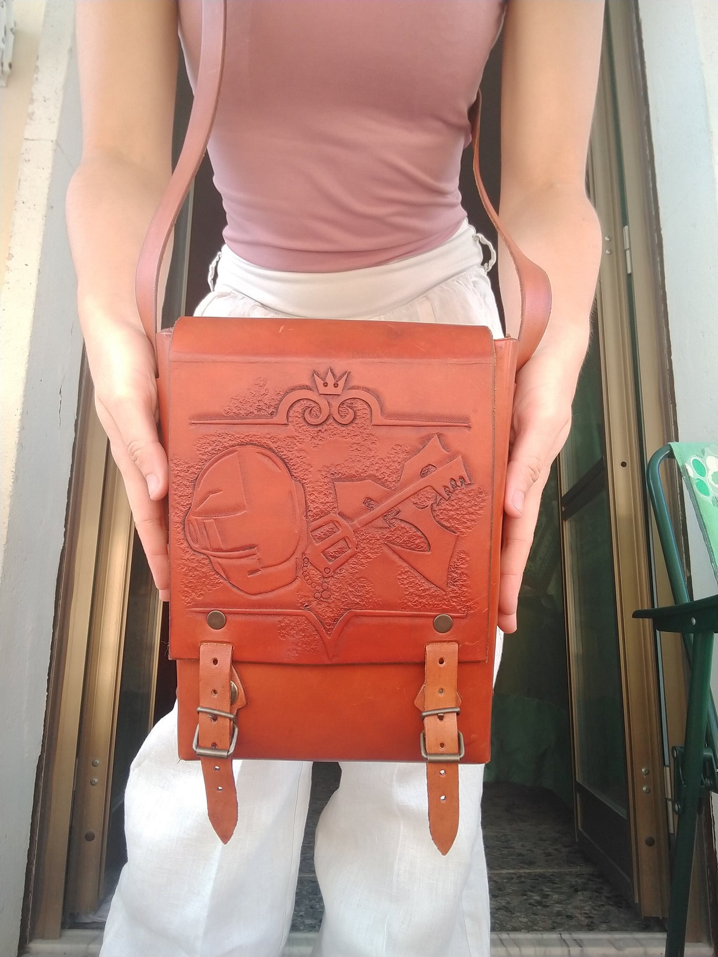 Crossbody leather bag with an elf-inspired engraved design, made from durable, sustainable leather, perfect for fantasy lovers.