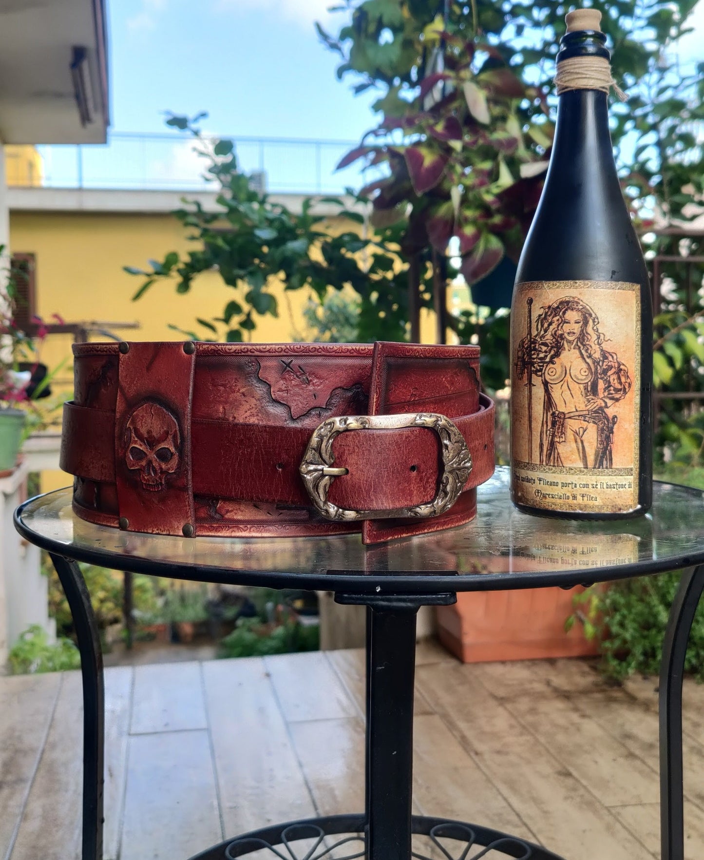 Custom leather pirate belt – perfect for pirate costumes, Renaissance fairs, and cosplay, engraved with maps and jolly roger skulls