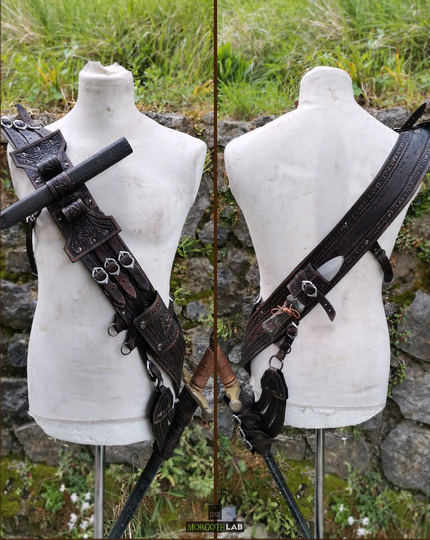 A customizable LARP leather bandolier that doubles as stylish light armor. Choose colors, engravings, and accessories!
