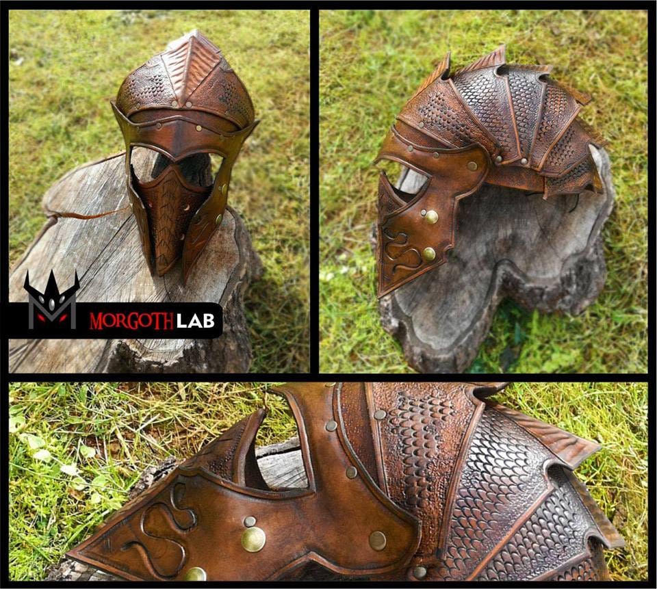 Custom handcrafted leather battle helmet featuring a removable mask and cheek guards for an adjustable, personalized warrior look