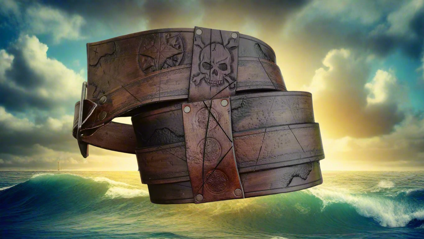 Jolly Roger pirate leather belt, custom and adjustable, handmade in italy. Perfect for larp, costumes and celtic renfaires