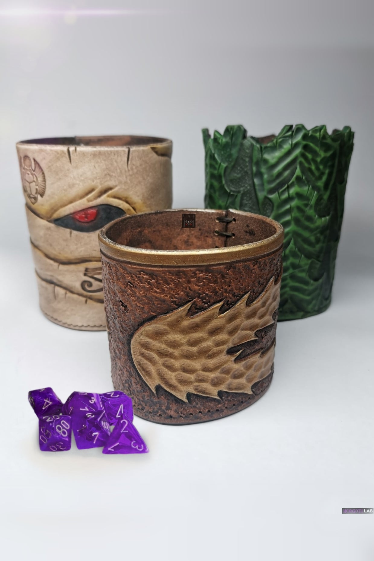 Leather dice cup for board games and TTRPGs, made from high quality, vegetable-tanned leather, custom design