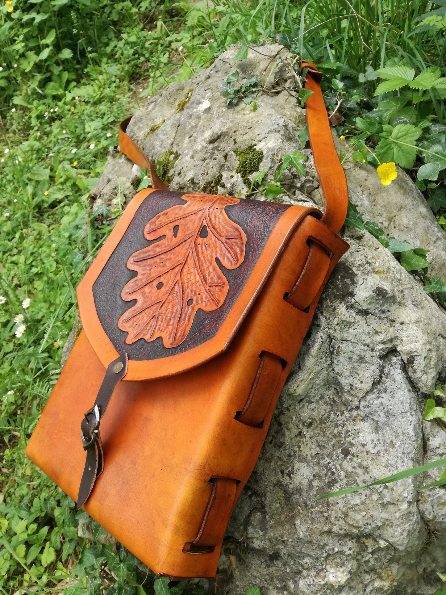 An elf-inspired handmade leather tote bag, available in multiple sizes and colors, crafted from premium sustainable Italian leather