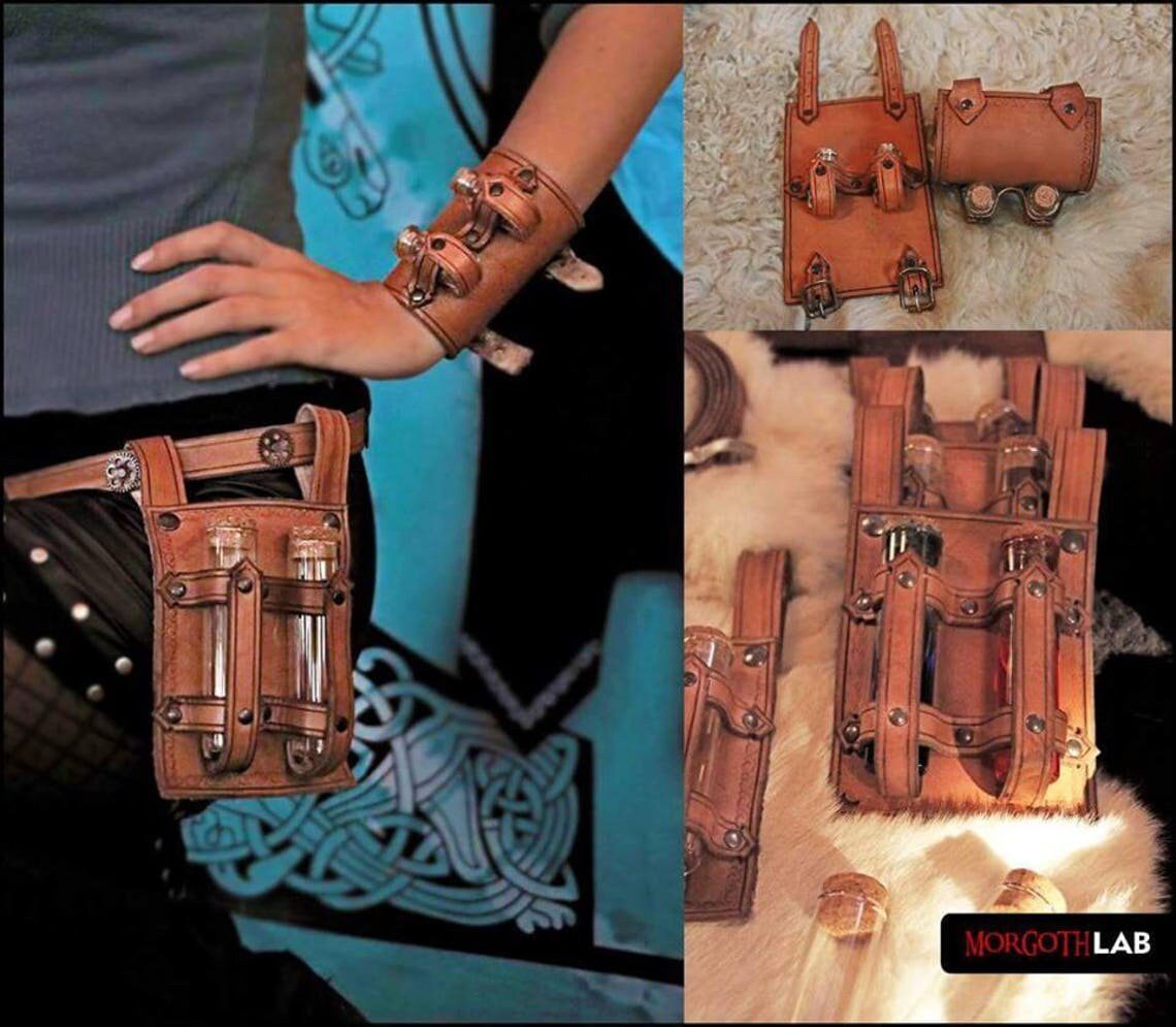 Fantasy-inspired leather potion set, ideal for alchemists, mages, and medieval roleplaying events.