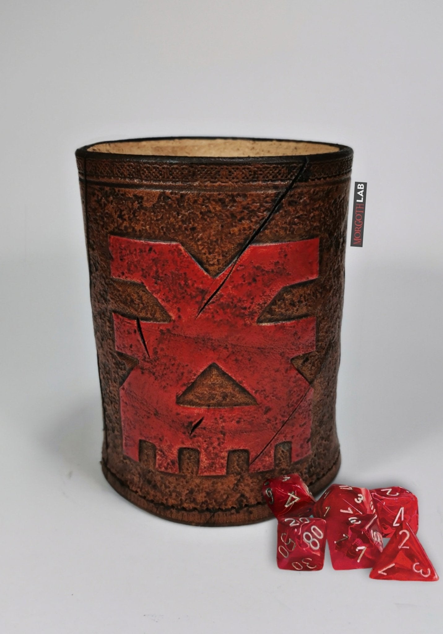 Warhammer Fantasy Khorne themed leather dice shaker with hand-engraved details, a must-have for role-playing game enthusiasts