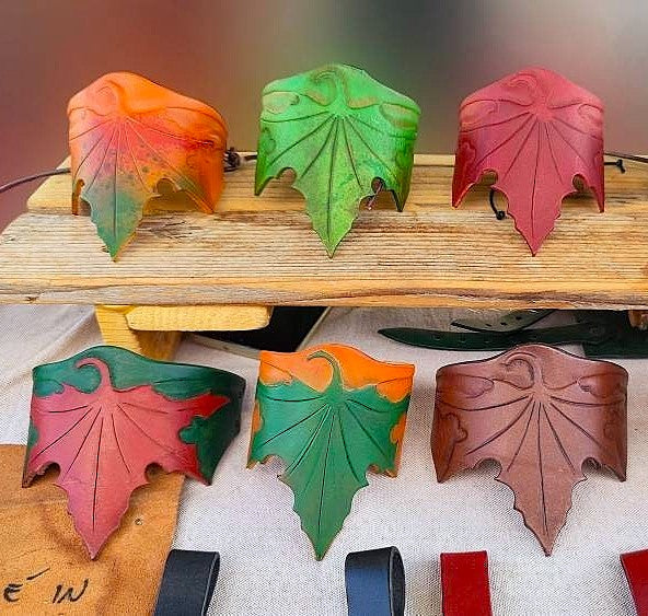 Handcrafted genuine leather elf bracelet with detailed leaf engraving, perfect for Celtic and fantasy lovers.