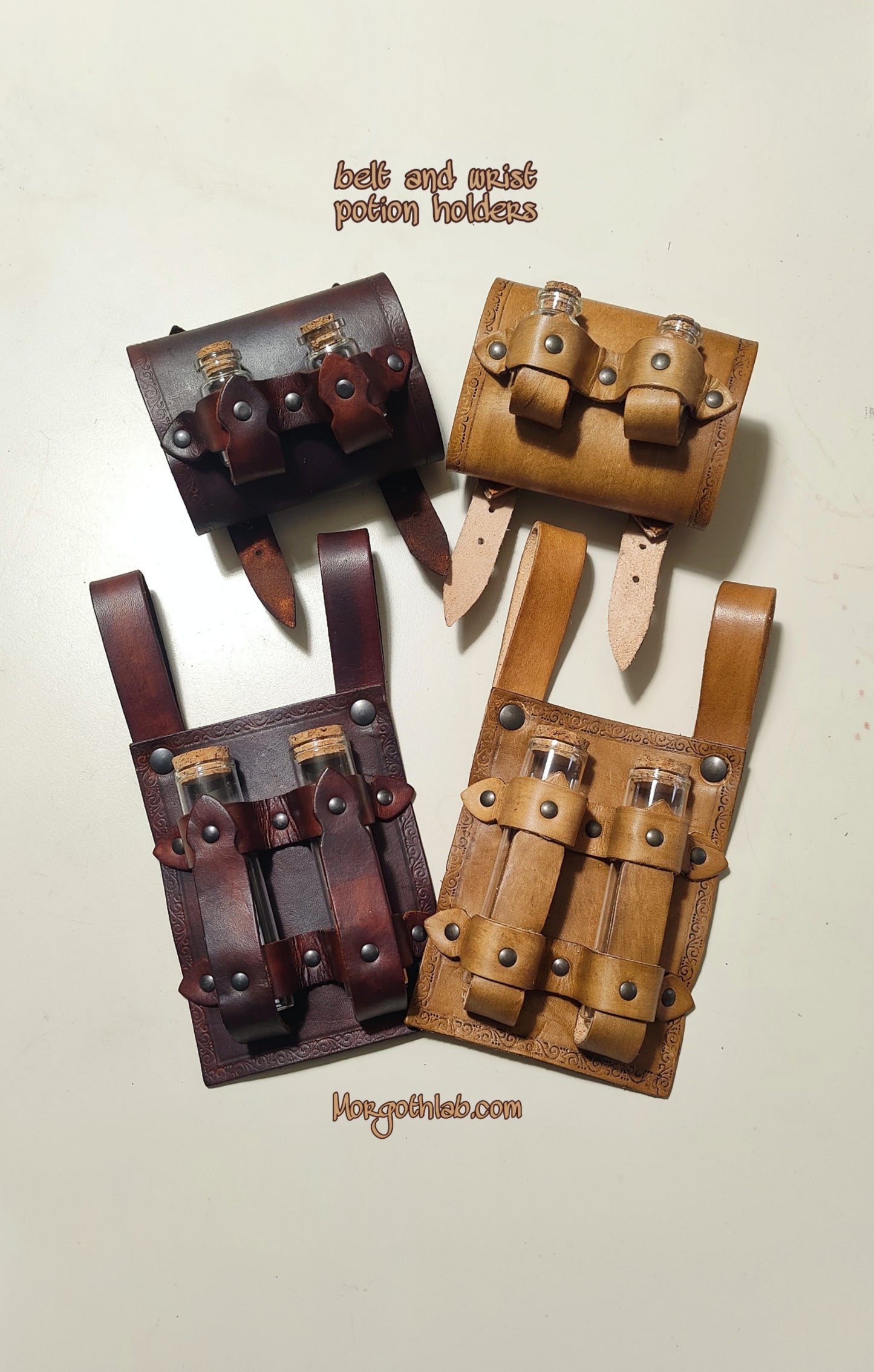 Detailed view of a handcrafted alchemist bracer made from vegetable-tanned leather. Brown and beige potion holders