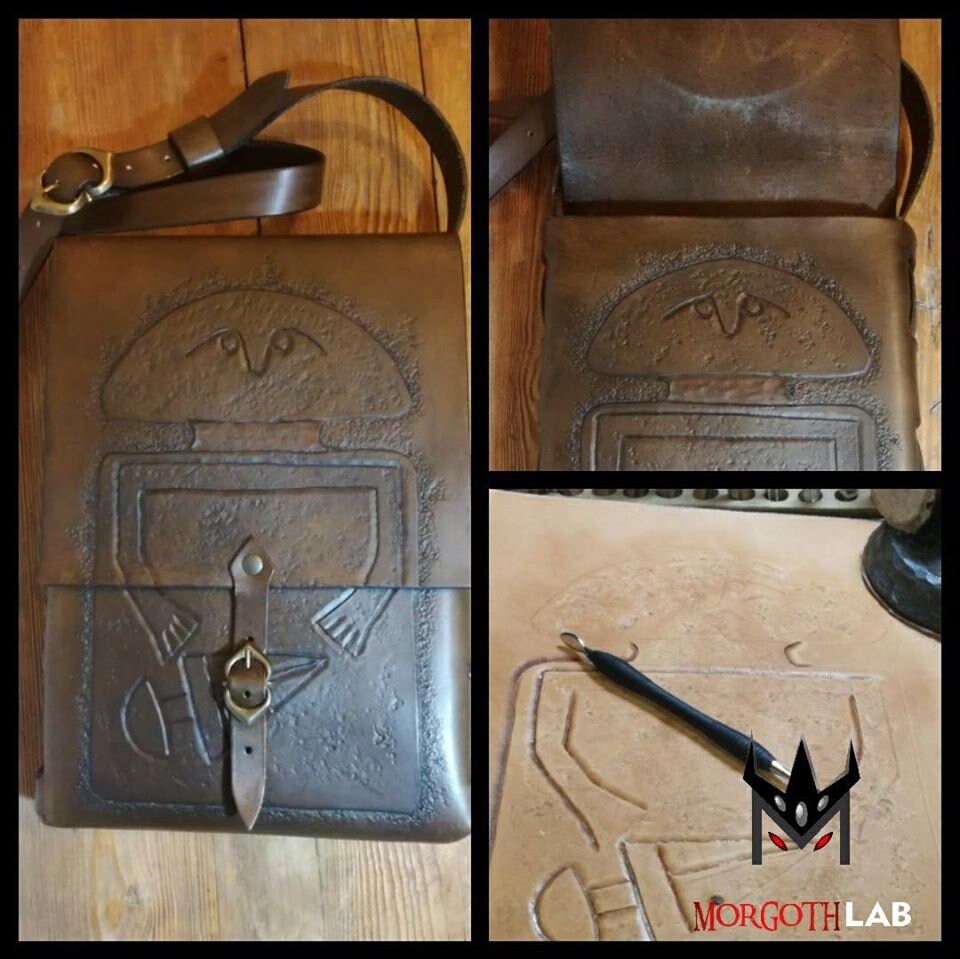 Medium-sized handcrafted leather purse, engraved with historical and fantasy elements, great for LARP, cosplay, or medieval-style outfits.