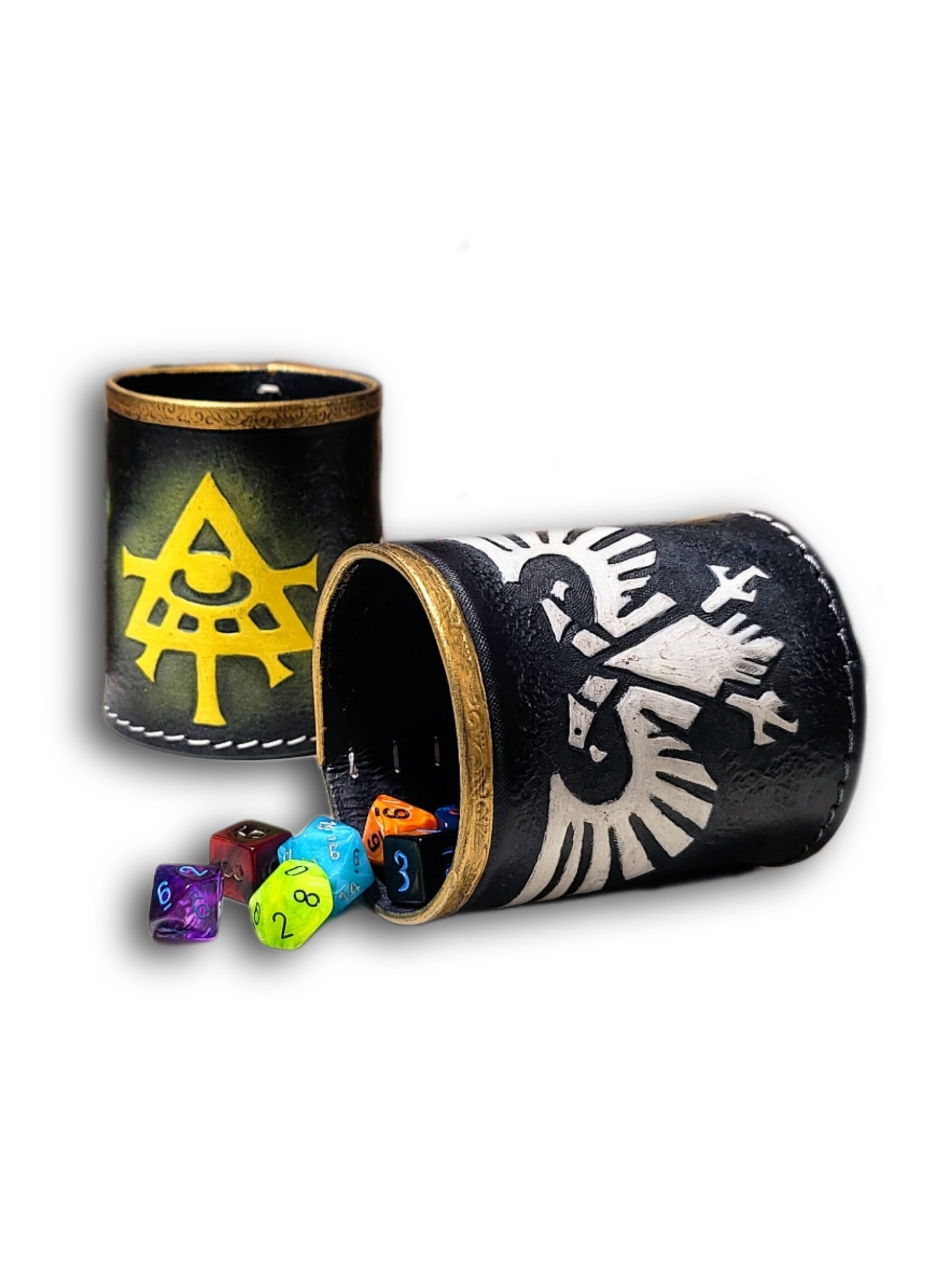 Handmade leather dice shaker for Dungeons & Dragons, Warhammer, Pathfinder, and TTRPGs, crafted from premium Italian leather - Adeptus Custodes Eagle design
