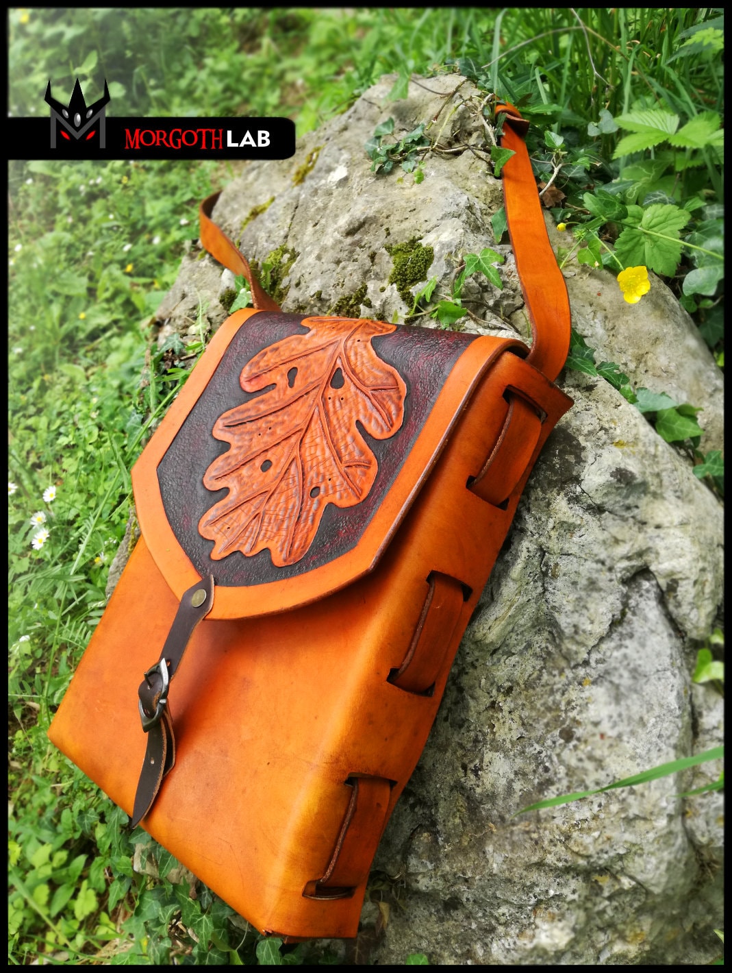 Handmade leather handbag with a nature-inspired design, blending elf, boho, and pixie aesthetics, ideal for cosplay and fantasy fashion.