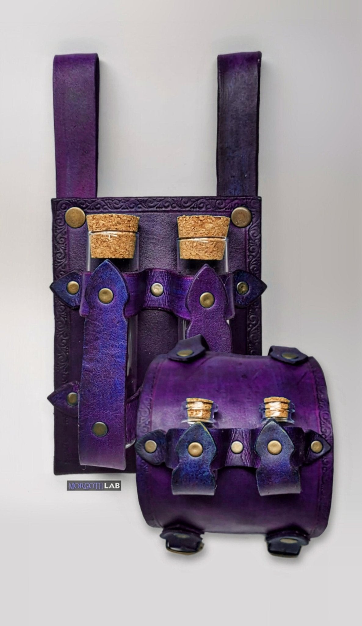 Purple Customizable leather potion holder for belts, allowing adventurers to carry health and mana potions.