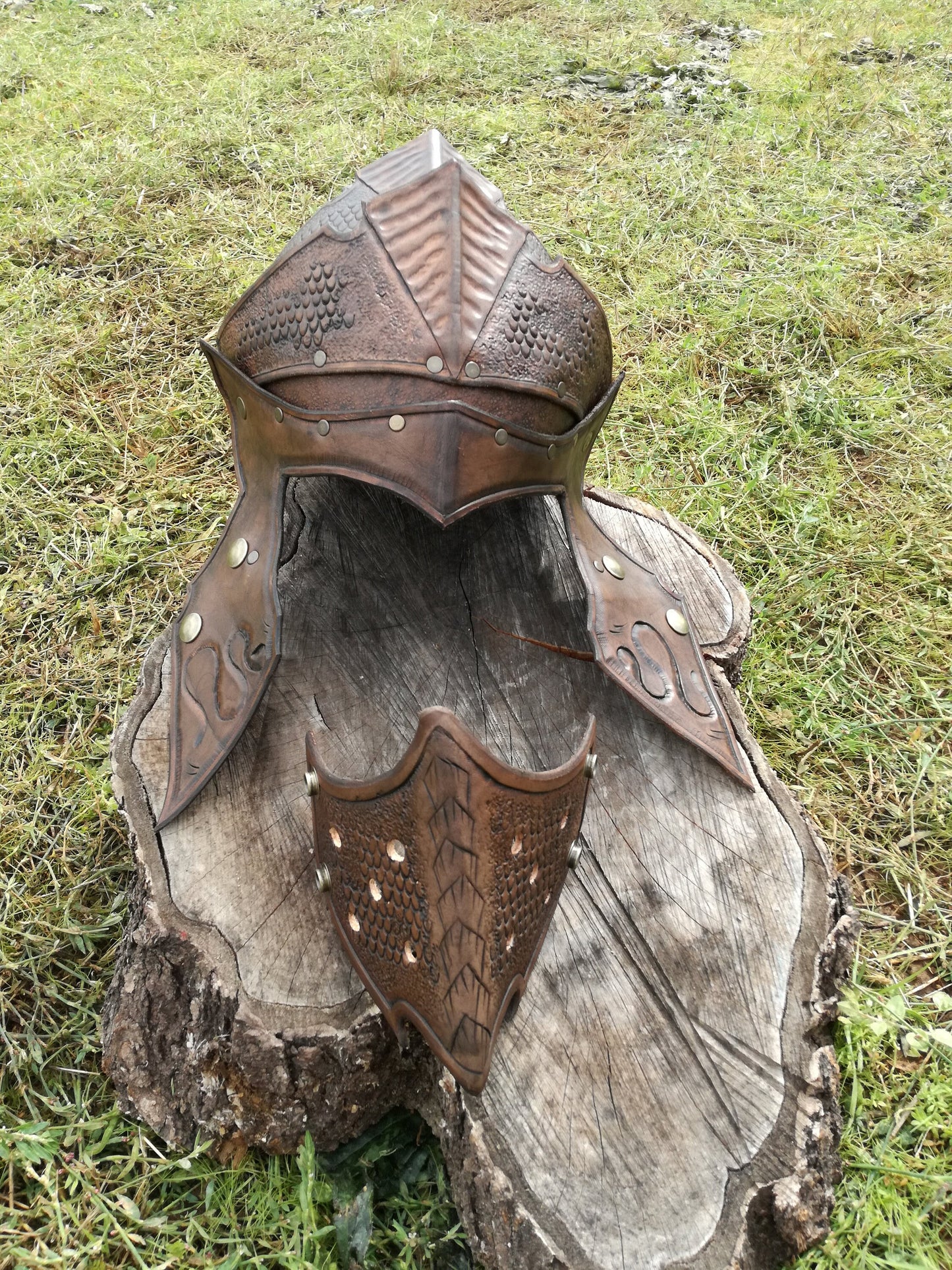 Authentic handcrafted leather helmet for historical cosplay, LARP, and Renaissance fairs, offering both protection and a unique aesthetic.