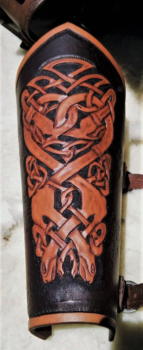 Leather engraved bracelet celtic knot decoration animal / armor fighter warrior bracer vikings fantasy / cosplay larp armour custom