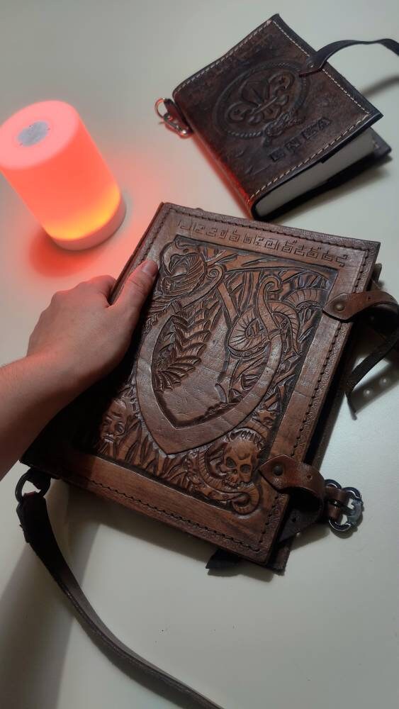 Hand-engraved leather book cover, customizable size - vintage accessory for larp and collecting