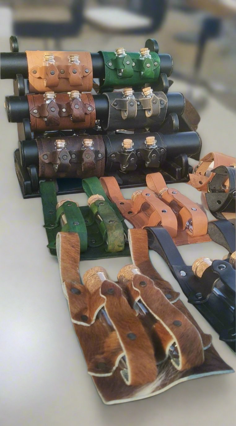 Larp leather bracer with potion bottles, an ideal fantasy accessory for roleplaying events