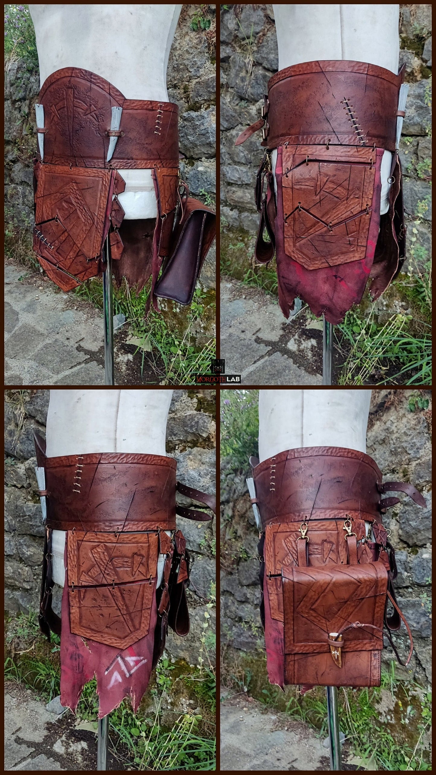 Leather Handmade Barbarian Belt with hand engraved and sewed custom details. High waist Belt, Skirt, tassets, sheath and bag.