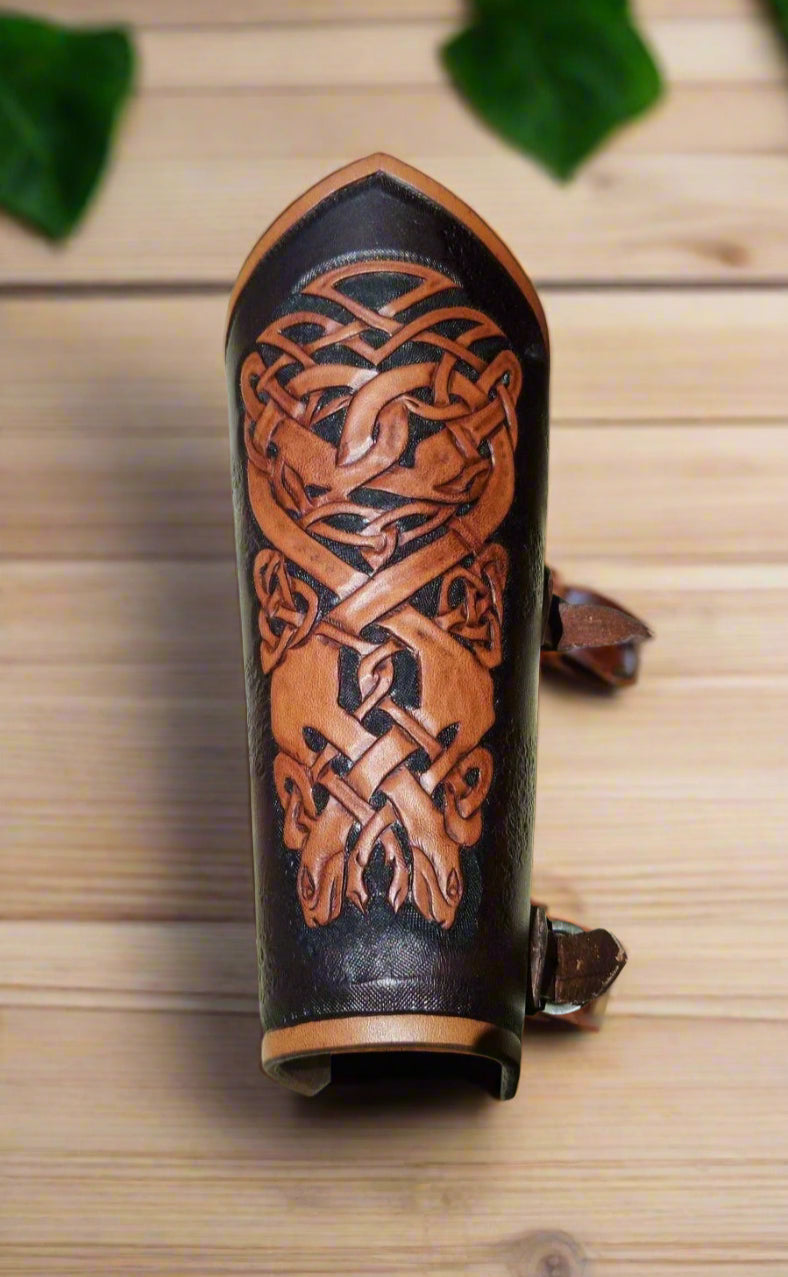 Leather engraved bracelet celtic knot decoration animal / armor fighter warrior bracer vikings fantasy / cosplay larp armour custom