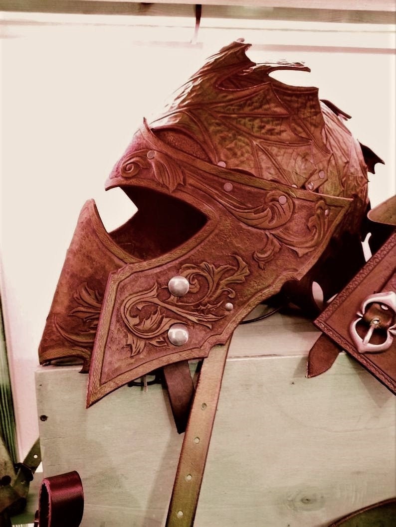 Custom leather helmet inspired by medieval warriors, Vikings, and elves. Perfect for LARP and historical reenactments