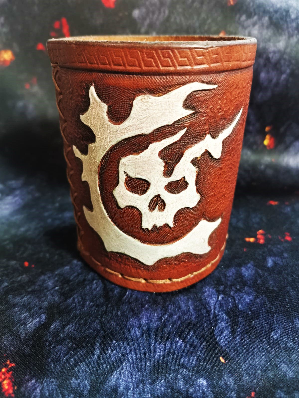 D&D or Warhammer Night dice shaker with custom leather engravings, adding a touch of elegance and durability to your gaming experienceaunt