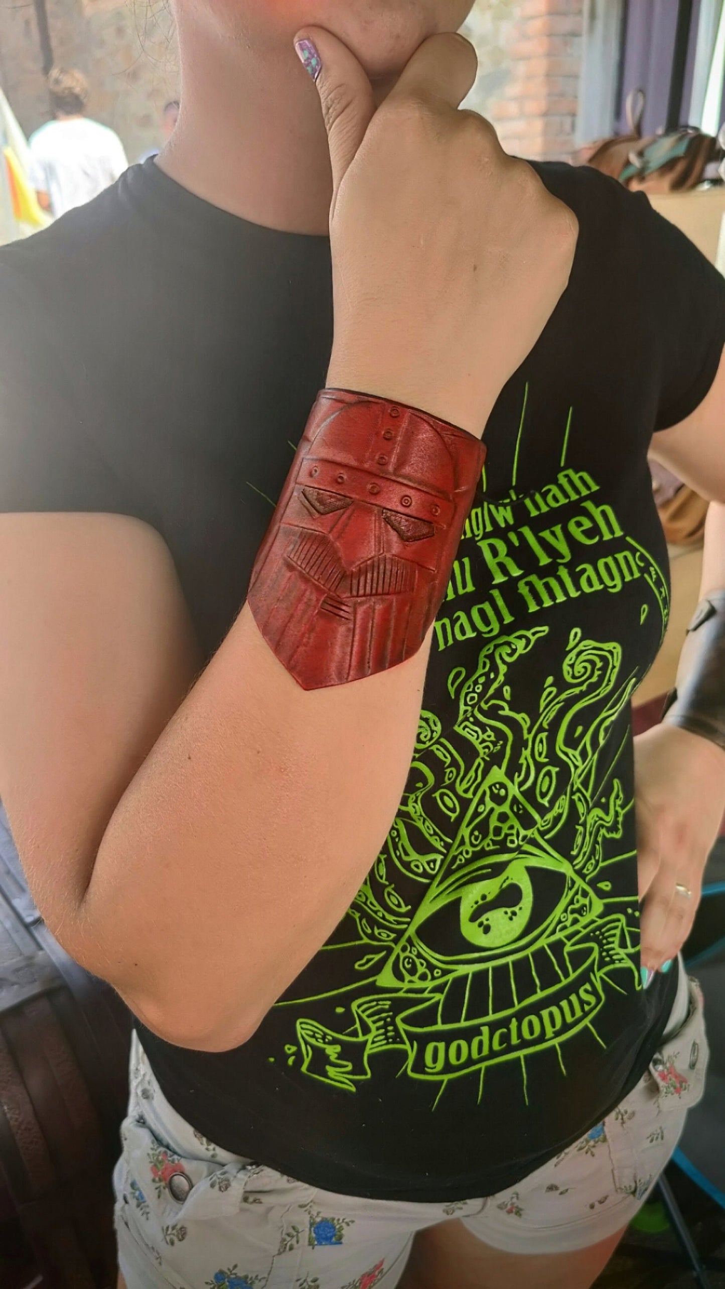 Viking warrior leather bracelet designed for LARP, cosplay, and daily wear, featuring durable, stain-resistant materials and intricate engraving.