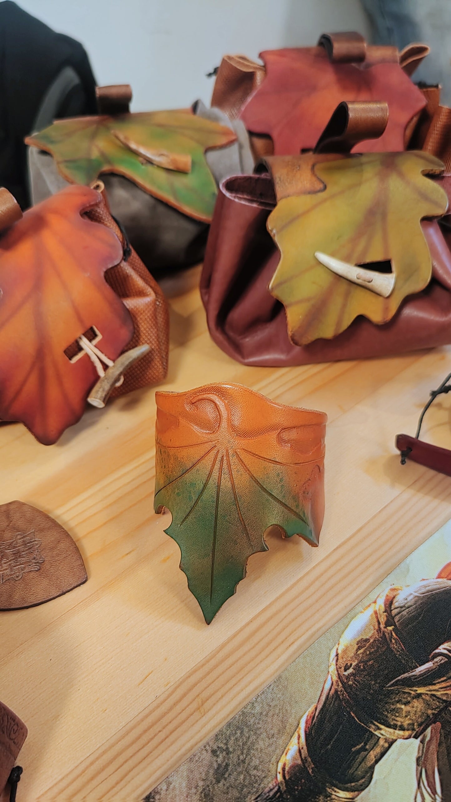 Handcrafted genuine leather elf bracelet with detailed leaf engraving, perfect for Celtic and fantasy lovers.
