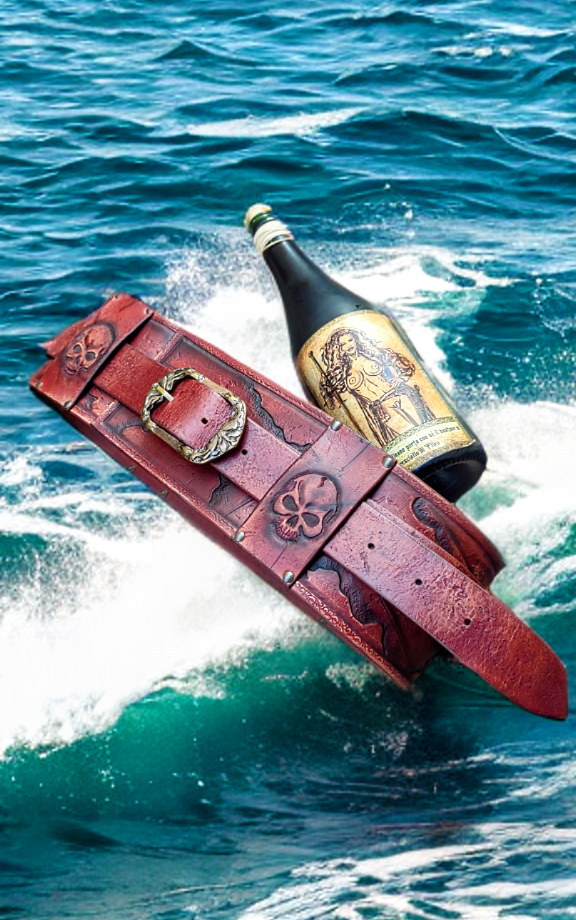 The pirate belt you were looking for! Handmade, custom, with engraved maps and jolly rogers, perfect for larp and your next pirate costume