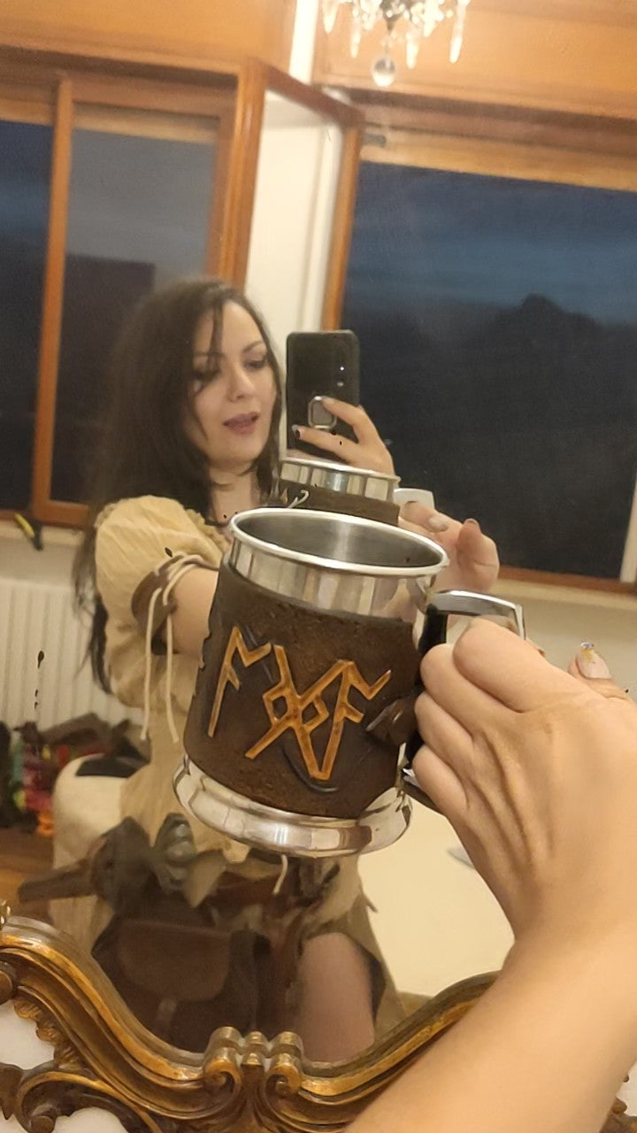 CUSTOM BEER MUG with Hand-Engraved Leather Band
