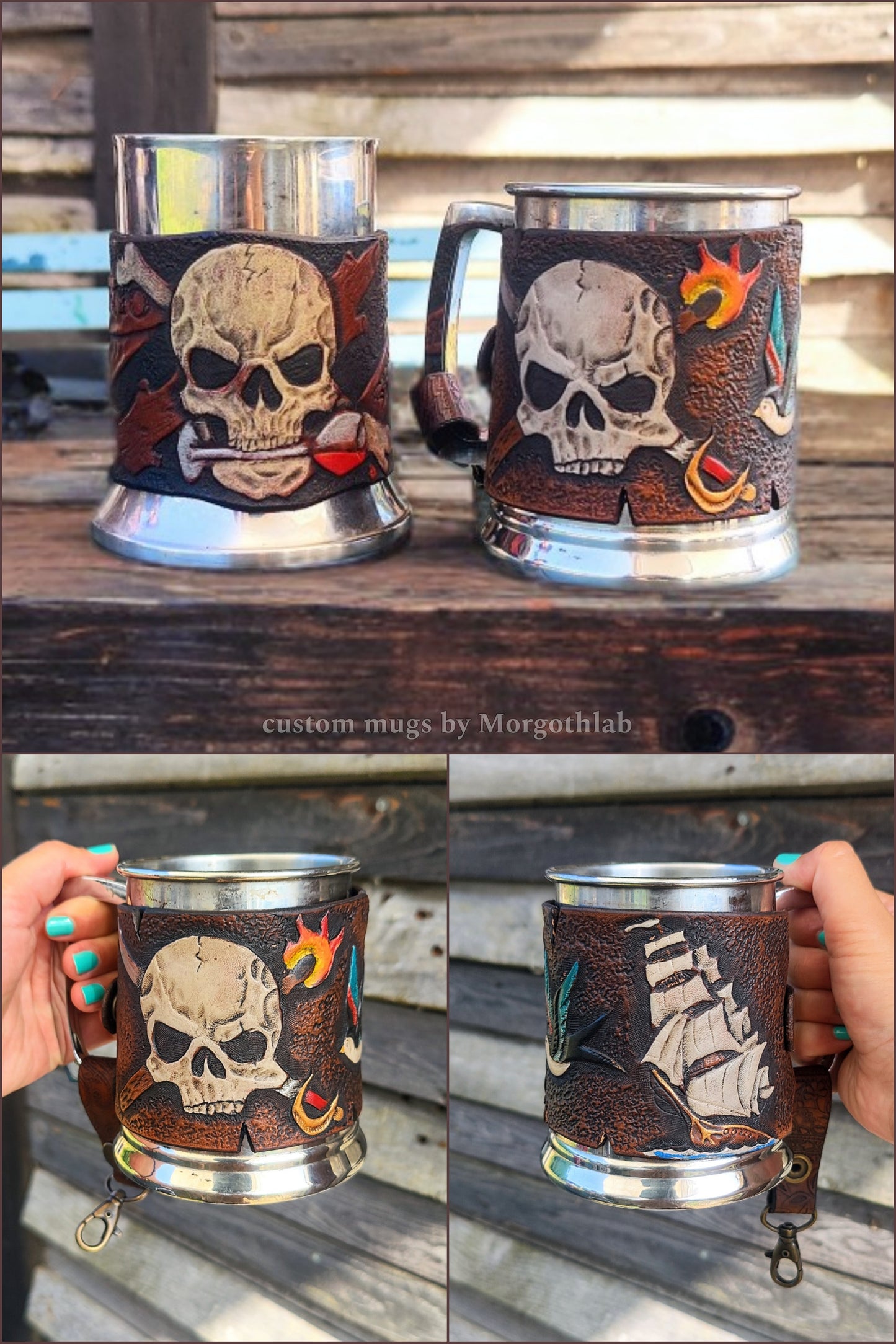 CUSTOM BEER MUG with Hand-Engraved Leather Band