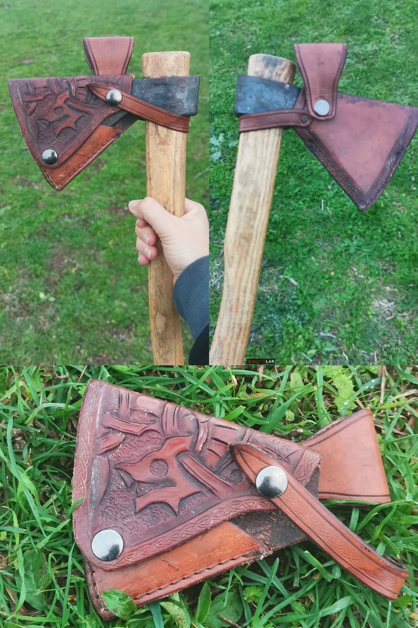 Rustic leather axe sheath with an engraved design, providing stylish and secure blade protection for outdoor explorers