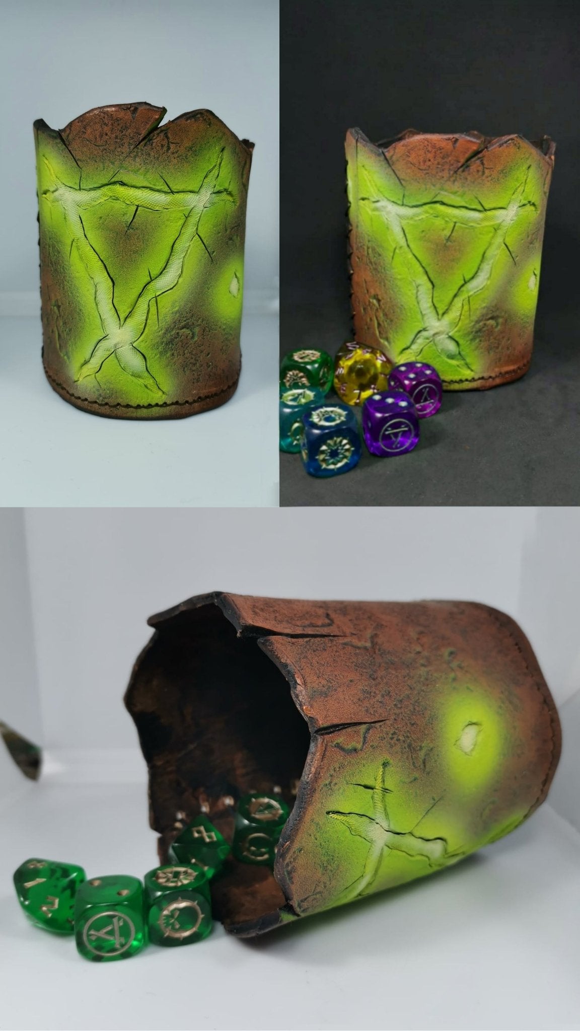 Warhammer Fantasy Skaven themed genuine handmade leather dice cup, designed for role-playing games, fully customizable with symbols and initials