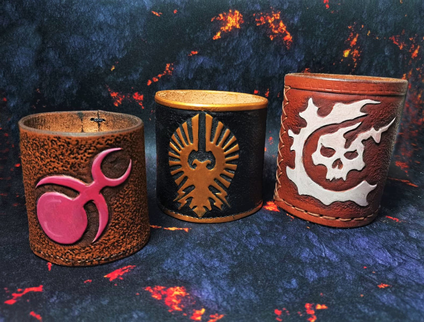 Premium handmade leather dice cup, designed for role-playing games, fully customizable with symbols and initials