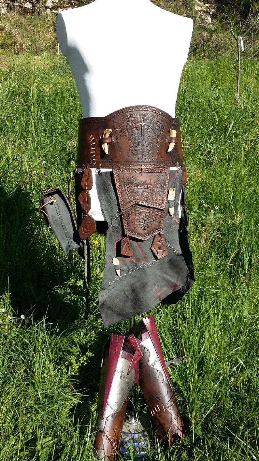 Tribal barbarian leather armor with waistbelt, tassets, faulds, and skirt, perfect for LARP and cosplay costumes