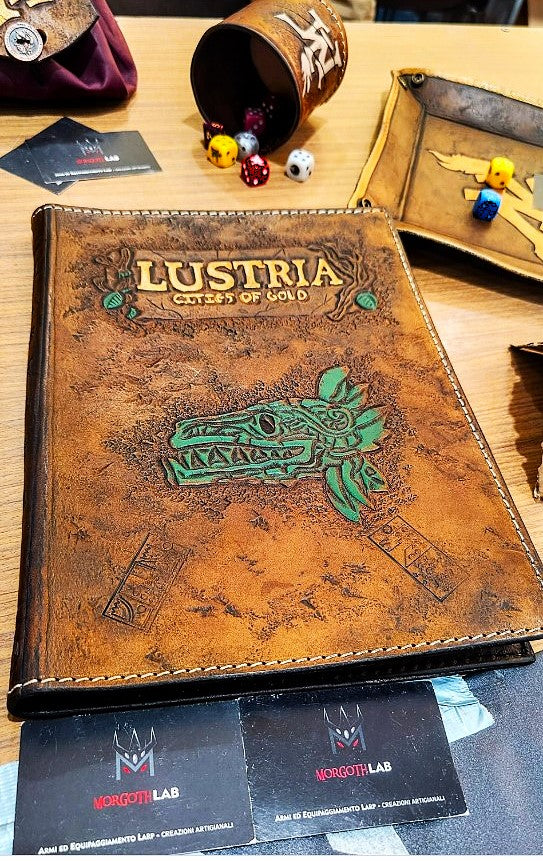 Premium leather book cover for LARP players, featuring hand-engraved details and custom options.