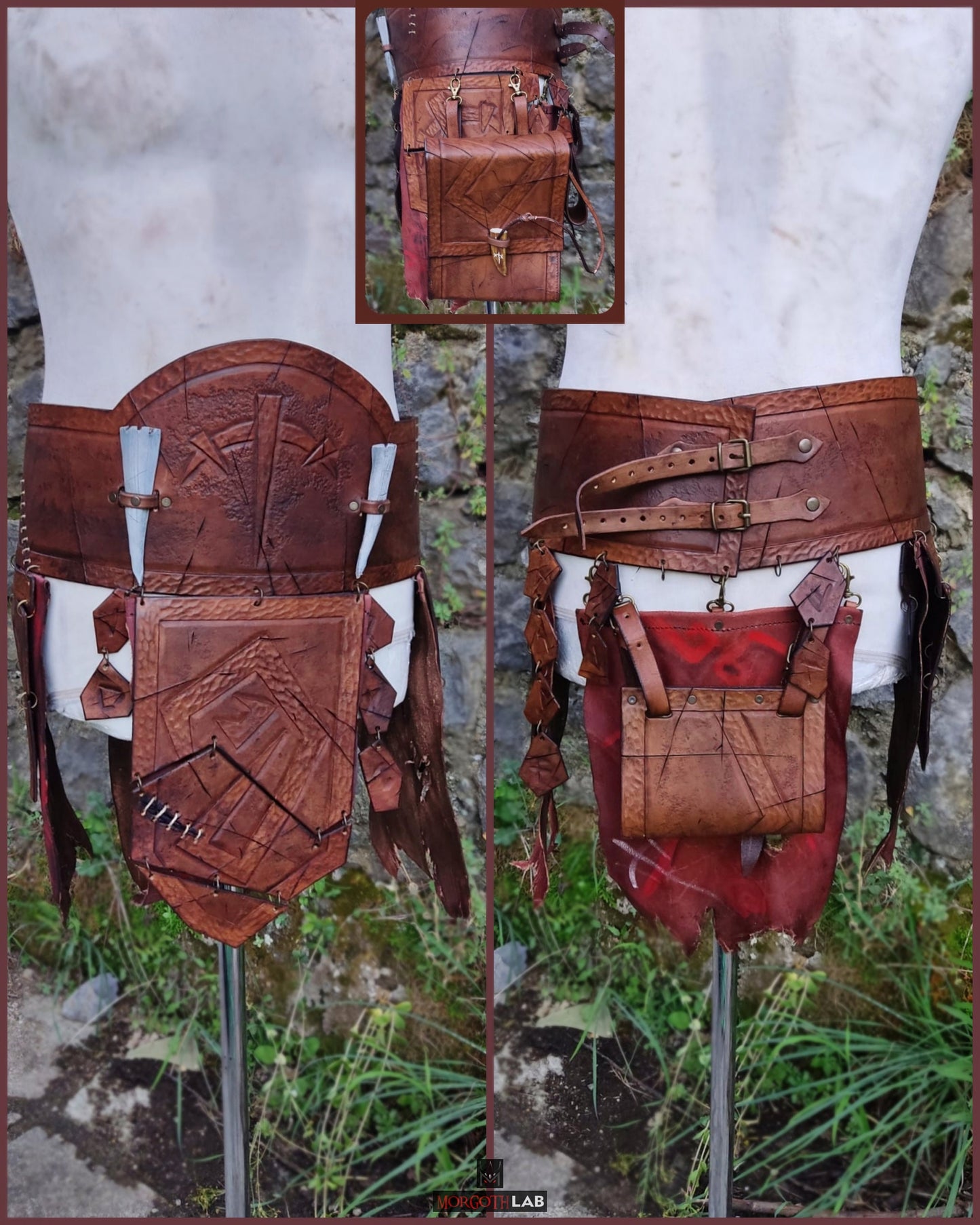 Rustic tribal leather armor featuring decorative details on hips and a comfortable viking style skirt design for cosplay and LARP.