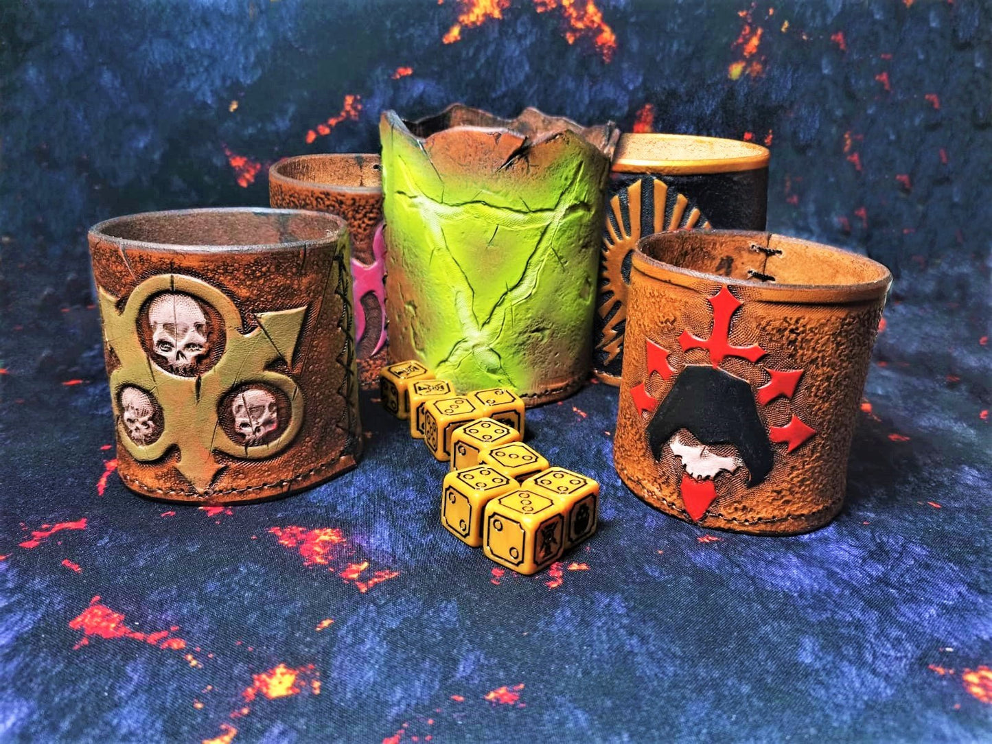 Medieval Fantasy-themed leather dice shaker with hand-engraved details, a must-have for role-playing game enthusiasts. Warhammer Nurgle, Skaven and Death guard styles