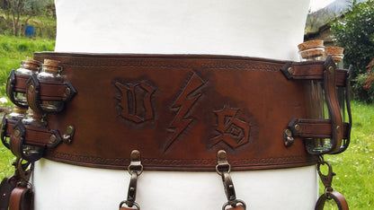 Custom leather potion carrier belt, perfect for wizards, druids, and medieval alchemists in fantasy settings