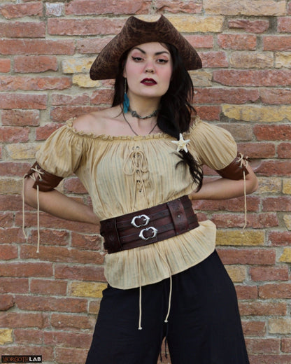 Belt with double buckle and celtic warrior decorations on a pirate model Larp Cosplay in HIGH QUALITY leather high waist bells on custom armor - MorgothLab
