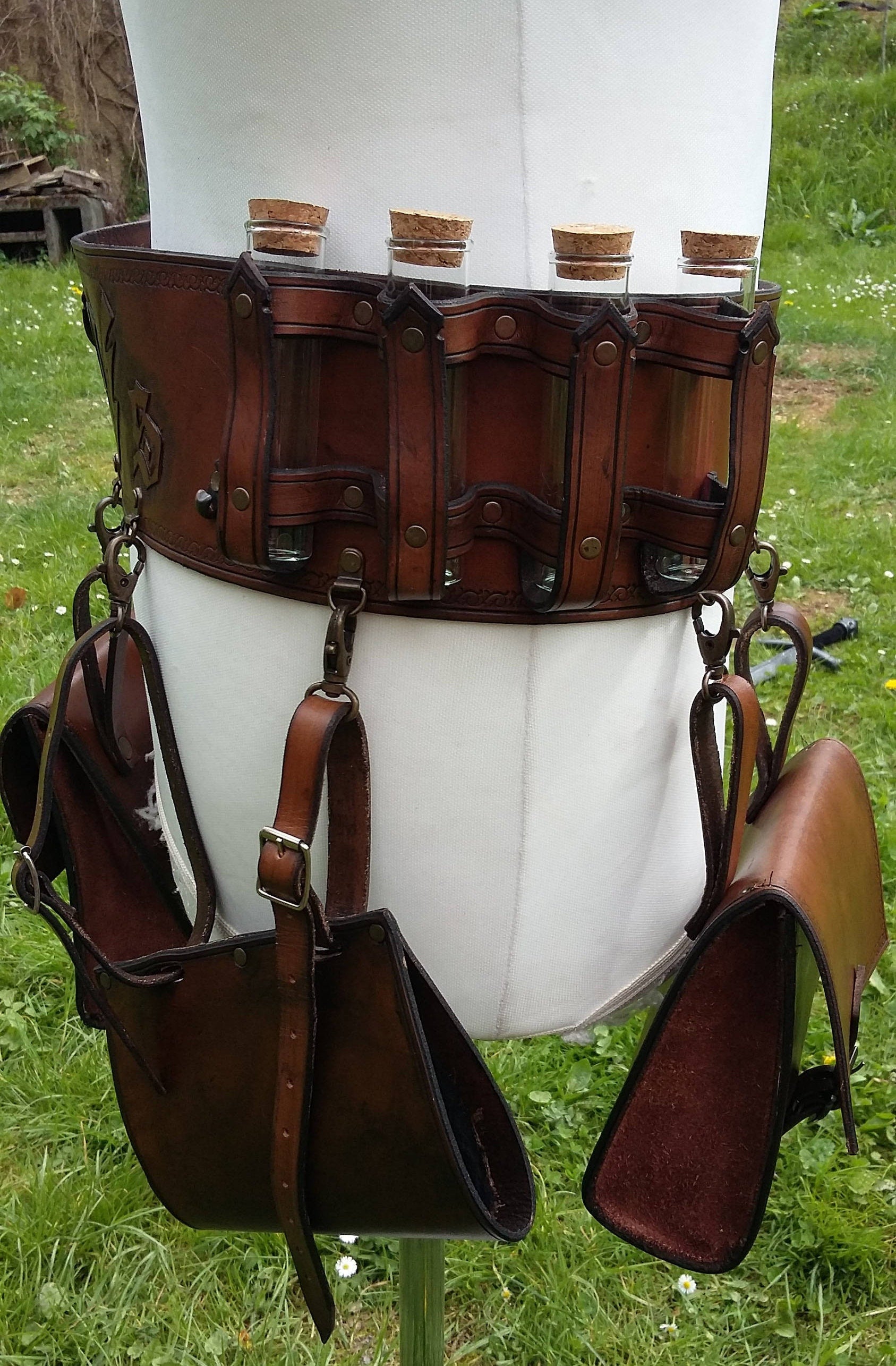 Medieval-inspired alchemist’s belt with durable leather potion holders for LARP, steampunk, and cosplay costumes
