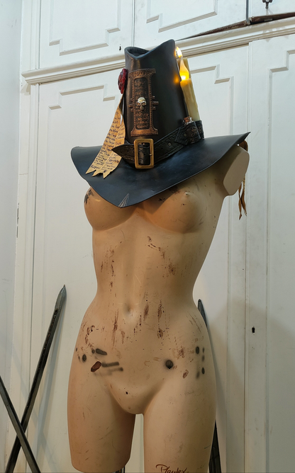 Dark leather Sigmar Witch Hunter Hat with hand-painted litanies and Inquisition symbol