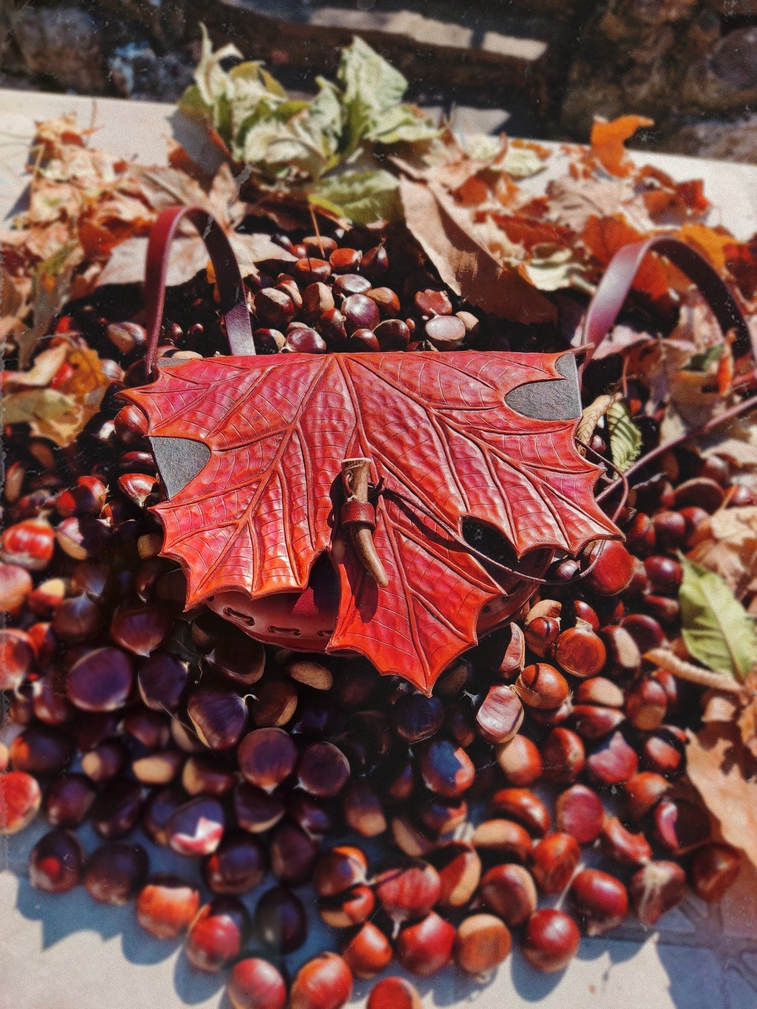 Bag with autumn maple leaf purse leather handbag with decoration handmade design nature