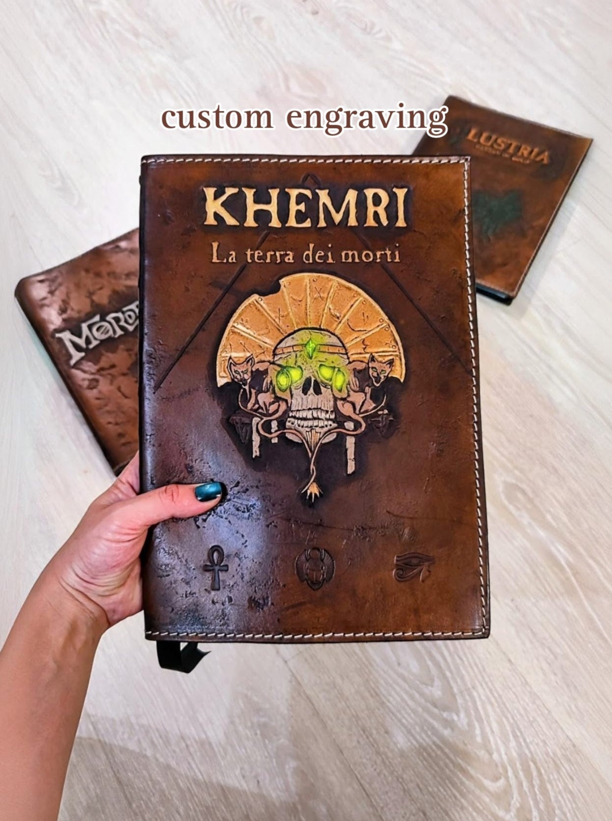 Premium Mordheim Khemri leather book cover, handcrafted with custom engraving for DnD, Warhammer, and tabletop RPG manuals.