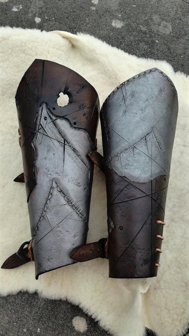 Pair of leather BRACERS armor metal effect for larp medieval fantasy armor